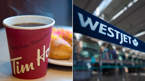This composite image shows, left, a cup of coffee from Tim Hortons pictured in Coquitlam, B.C., on Thursday, April 26, 2018, and right, a WestJet logo at Vancouver International Airport, in Richmond, B.C., on Friday, May 19, 2023. THE CANADIAN PRESS/Jonathan Hayward, Darryl Dyck