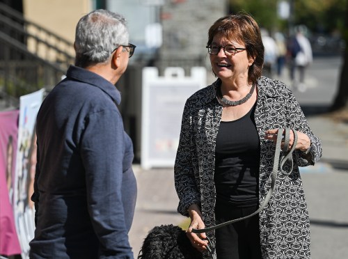 Anne Latendresse, a Quebec Solidaire candidate for the riding of Maurice-Richard, speaks to a supporter outside her campaign office in Montreal on Friday, Sept. 25, 2026. THE CANADIAN PRESS/Graham Hughes