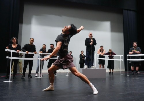 Lead dancer Keanu Uchida rehearses on stage for the theatre musical 
