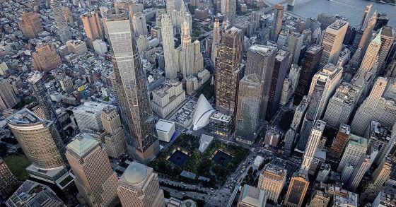 An aerial view shows the twin memorial waterfall pools that sit in the footprints of the former North and South Towers at the 9/11 Memorial and Museum in Manhattan. (Stefan Jeremiah / The Associated Press files)