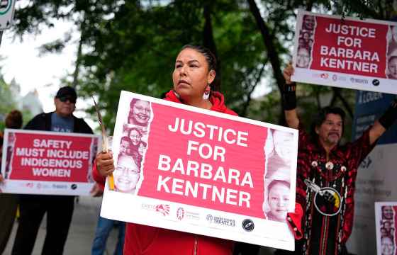 Connie Kentner, sister of Barbara Kentner, participates in a march following the decision to grant full parole to the man who was convicted of her sister's manslaughter, in Ottawa, on Monday, Aug. 31, 2026. Barbara Kentner, a member of Wabigoon Lake Ojibway Nation, died after complications to her injuries after she was struck by a trailer hitch thrown from a moving vehicle by Brayden Bushby in Thunder Bay in 2017. (Justin Tang / The Canadian Press)