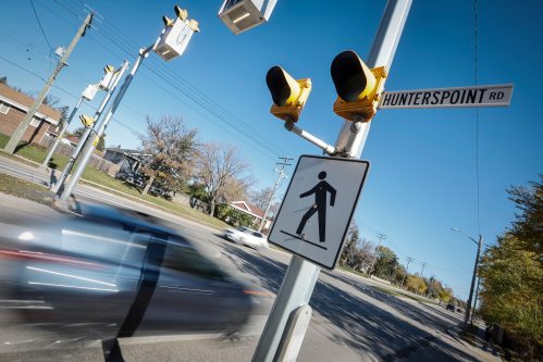 JOHN WOODS / FREE PRESS
Police report an 80 year has died of their injuries after being hit by a driver at this intersection at Roblin and Hunterspoint in Winnipeg, Monday, October 19, 2026. 

reporter: