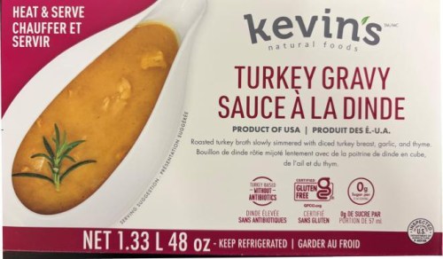 Kevin's Natural Foods turkey gravy, as shown in this handout photo provided by the Canadian Food Inspection Agency, has been recalled because it contains undeclared mustard. THE CANADIAN PRESS/Handout-Canadian Food Inspection Agency
(Mandatory Credit)