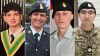 This composite of handout images shows Canadian Armed Forces members, left to right, Pte. Hayden Lykkemark, Pte. Shaun Farrell, Pte. Aidan Goulding and Sgt. Morgan Wong, who died during a training exercise at CFB Wainwright on Saturday, Oct. 17, 2026. THE CANADIAN PRESS/Handout - Facebook, Nadine Dunford; Patricia Farrell; Wylder Goulding; Canadian Armed Forces (Mandatory Credit)