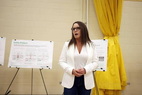 Tim Smith/The Brandon Sun
                                Jodie Byram, MLA for Agassiz, speaks to attendees at the fourth community engagement meeting regarding the proposed RCUT modification to the Trans Canada Highway at the Highway 5 intersection at Carberry Collegiate, Wednesday.