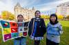 MIKE DEAL / FREE PRESS
                                From left: Students Swasti Kumar, 14, with her crochet project about trauma and abnormal DNA musculation in residential school survivors, Nazareth Mallett with his ribbon shirt, and animator/filmmaker Setayesh Khasheei.