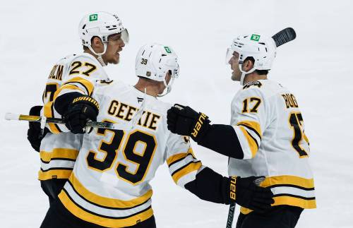 John Woods / THE CANADIAN PRESS
                                Boston Bruins&rsquo; Hampus Lindholm (27), Morgan Geekie (39) and William Borgen (17) celebrate Lindholm&rsquo;s goal against the Winnipeg Jets in the first period.