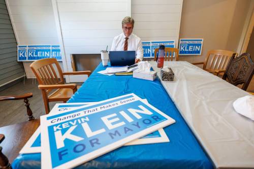 Kevin Klein at campaign HQ going over the plan for a 10:30 AM press conference.