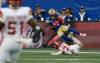 JOHN WOODS / THE CANADIAN PRESS
Winnipeg Blue Bombers' Dorian Singer (17) catches a 74 yard pass as Calgary Stampeders' Ashton Miller-Melancon (24) during first half action in Winnipeg on Saturday.