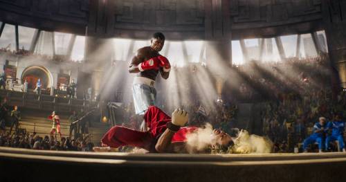 PARAMOUNT PICTURES / LEGENDARY PICTURES
Balrog (Curtis Jackson/50 Cent) stands tall over a fallen Ken Masters (Noah Centineo) during one of Street Fighter’s many bouts