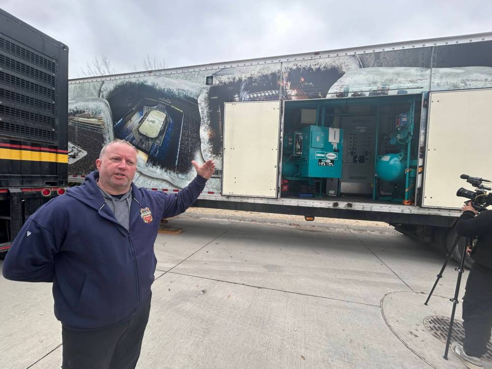 MIKE MCINTYRE / FREE PRESS
Derek King, the NHL’s vice-president of hockey operations and facilities operations, explained Tuesday that approximately 3,000 gallons of glycol coolant are pumped into custom-made aluminum trays to keep the ice surface at an ideal temperature for outdoor games.