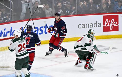 Fred Greenslade / The Canadian Press
                                The Winnipeg Jets secondary scoring got on the scoresheet Tuesday night against the Minnesota Wild with a Cole Koepke (45) goal from a Vlad Namestnikov pass.