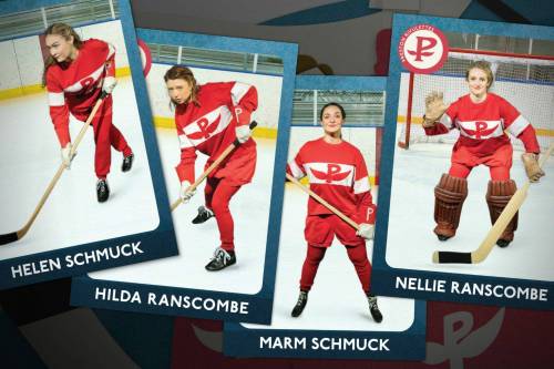 Edel Esguerra / Supplied
                                A hockey card set featuring athletes depicted in Glory. From left: Katie Welham, Cora Matheson, Jada Rifkin and Emily Meadows as Helen Schmuck, Hilda Ranscombe, Marm Schmuck and Nellie Ranscombe respectively.