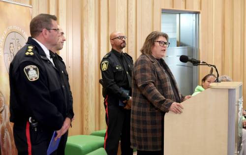 Ruth Bonneville / Free Press
                                Jackie Anderson with Ka Ni Kanichihk, speaks about the ongoing drug enforcement program with WPS Chief Gene Bowers and representatives from the WPS and community groups at the news conference Tuesday. Winnipeg Mayor Scott Gillingham says he would provide $100,000 to outreach program if re-elected mayor.