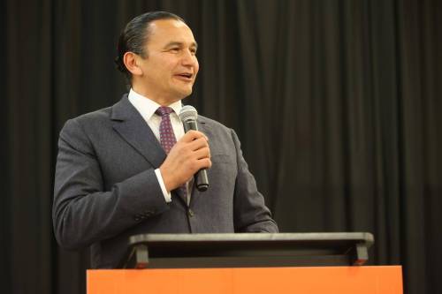 Premier Wab Kinew speaks during the NDP&rsquo;s Westman Gala in Brandon on Thursday evening. (Alex Lambert / The Brandon Sun)