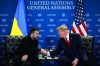 President Donald Trump and Ukraine's President Volodymyr Zelenskyy shake hands while meeting during the United Nations General Assembly, Tuesday, Sept. 22, 2026, at the UN headquarters. (AP Photo/Julia Demaree Nikhinson)