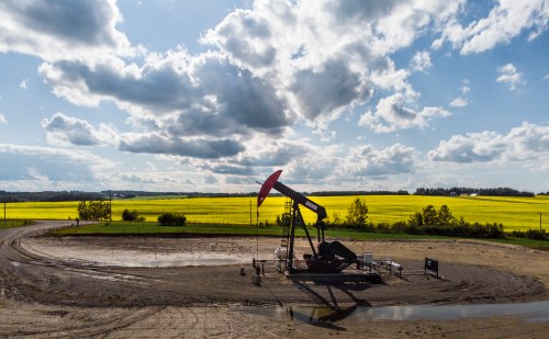A pumpjack draws out oil and gas from a well head with a Canola field in the background near Cremona, Alta., Tuesday, July 15, 2025. THE CANADIAN PRESS/Jeff McIntosh