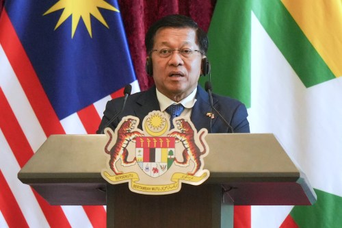 Myanmar's President Min Aung Hlaing speaks during a joint press conference with Malaysia's Prime Minister Anwar Ibrahim following their meeting in Putrajaya, Malaysia, Thursday, Oct. 8, 2026. (AP Photo/Azneal Ishak, Pool)