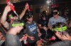 The Tampa Bay Rays celebrate the team's win in Game 3 of baseball's American League Division Series against the New York Yankees, Wednesday, Oct. 7, 2026, in New York. (AP Photo/Seth Wenig)