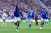 Everton's Thierno Barry celebrates scoring during the English Premier League soccer match between Everton and Ipswich Town in Liverpool, England, Saturday Sept. 19, 2026. (Peter Byrne/PA via AP)