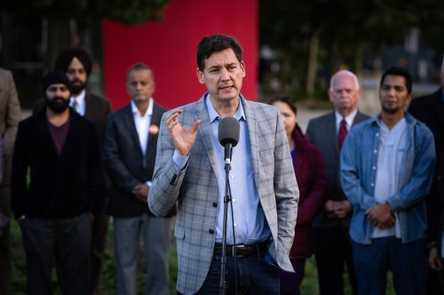 B.C. NDP Leader David Eby speaks during a provincial election campaign announcement in Surrey, B.C., on Friday, Oct. 9, 2026. THE CANADIAN PRESS/Ethan Cairns