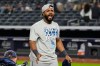 Tampa Bay Rays' Junior Caminero celebrates after the team's win in Game 3 of baseball's American League Division Series against the New York Yankees, Wednesday, Oct. 7, 2026, in New York. (AP Photo/Seth Wenig)