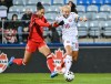 Canada's Jade Rose, left, defends against Denmark's Pernille Harder (10) during first half international friendly soccer action in Montreal, on Friday, Oct. 9, 2026. THE CANADIAN PRESS/Graham Hughes