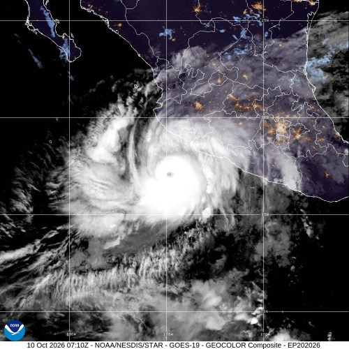 This satellite image provided by the National Oceanic and Atmospheric Administration, or NOAA shows Hurrican Simon in the Pacific on Saturday, Oct. 10, 2026. (National Oceanic and Atmospheric Administration via AP)