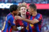 Barcelona's Anthony Gordon, centre, celebrates after scoring his side's opening goal during the Spanish La Liga soccer match between Barcelona and Getafe in Barcelona, Spain, Saturday, Oct. 10, 2026. (AP Photo/Joan Monfort)