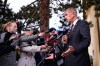 Czech Republic's Prime Minister Andrej Babis talks to media after casting his vote during senate and local elections in Pruhonice, Czech Republic, Friday, Oct. 9, 2026. (AP Photo/Petr David Josek)