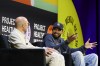 NBA player Karl-Anthony Towns of the New York Knicks sits for a discussion with Rich Kleiman at the Project Healthy Minds World Mental Health Day Festival, Saturday, Oct. 10, 2026, in New York. (AP Photo/Heather Khalifa)
