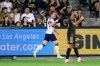 Vancouver Whitecaps FC midfielder Oliver Larraz, left, celebrates his goal during the first half of an MLS soccer match against the Los Angeles Football Club in Los Angeles, Saturday, Oct. 10, 2026. (AP Photo/Kyusung Gong)