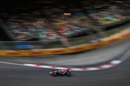 Red Bull driver Max Verstappen of the Netherlands steers his car during the qualifying session ahead of the Singapore Formula One Grand Prix in Singapore, Saturday, Oct. 10, 2026. (AP Photo/Vincent Thian)