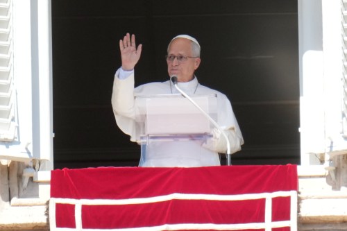 Pope Leo XIV delivers the Angelus prayer in St. Peter's Square at the Vatican, Sunday, Oct. 11, 2026. (AP Photo/Gregorio Borgia)