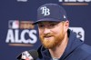 Tampa Bay Rays pitcher Drew Rasmussen speaks to the media before practice in a baseball American League Championship against the Cleveland Guardians Series Sunday, Oct. 11, 2026, in St. Petersburg, Fla. (AP Photo/Chris O'Meara)