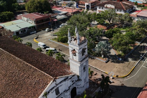 A church tower is damaged after an earthquake struck Villa de los Santos, Panama, Saturday, Oct. 10, 2026. (AP Photo/Aris Mariota)