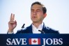 Conservative Leader Pierre Poilievre speaks about job losses during a press conference across the Hamilton Harbour from the Stelco steel production facility in Burlington, Ont., on Friday, Oct. 9, 2026. THE CANADIAN PRESS/Nick Iwanyshyn