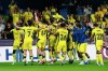 Villarreal players celebrate at the end of the Champions League opening phase soccer match between Villarreal and Napoli, in Villarreal, Spain, Tuesday, Oct. 13, 2026. (AP Photo/Alberto Saiz)
