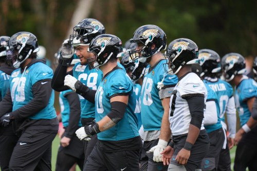 Jacksonville Jaguars' team members work out during an NFL football practice in Hertfordshire, England, Wednesday, Oct. 14, 2026. (AP Photo/Kin Cheung)