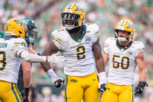 Edmonton Elks defensive lineman Malik Carney (2) celebrates after a play against the Saskatchewan Roughriders during first-half CFL football action in Regina on Thursday, July 23, 2026. THE CANADIAN PRESS/Kayle Neis