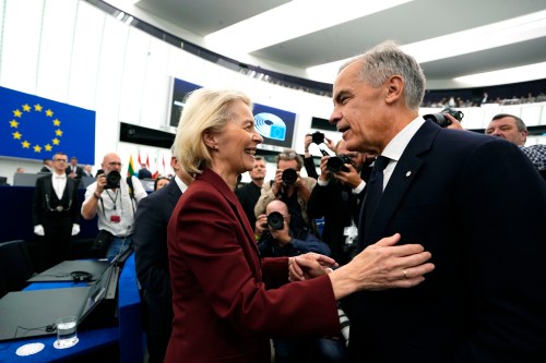 Prime Minister Mark Carney is greeted by European Commission President Ursula von der Leyen as he arrives to address the European Parliament in Strasbourg, France, on Thursday, Sept. 17, 2026. THE CANADIAN PRESS/Justin Tang