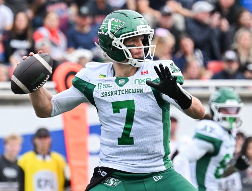 Saskatchewan Roughriders quarterback Trevor Harris throws a pass during first half CFL football action against the Montreal Alouettes in Montreal, on Monday, Oct. 12,2026. THE CANADIAN PRESS/Graham Hughes