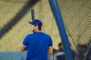 Los Angeles Dodgers' Shohei Ohtani enters the batting cage during a workout ahead of Game 3 of baseball's National League Championship Series against the Milwaukee Brewers, Tuesday, Oct. 13, 2026, in Los Angeles. (AP Photo/Jae C. Hong)