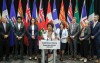 Federal Minister of Health Marjorie Michel, centre, addresses the media with her provincial health minister colleagues at a wrap-up news conference in Calgary, Friday, Oct. 17, 2025. THE CANADIAN PRESS/Jeff McIntosh