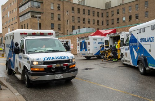 Ambulances spill out onto the road as they try to navigate the Emergency Department at Sunnybrook Hospital in Toronto on Tuesday May 4, 2021. THE CANADIAN PRESS/Frank Gunn