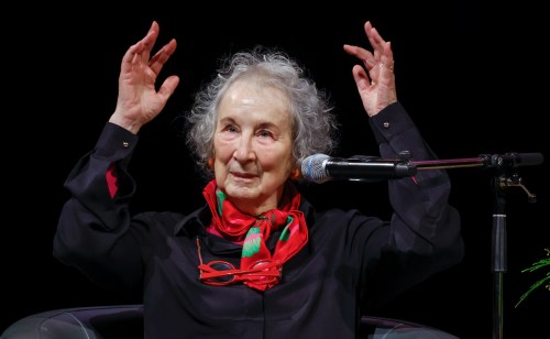 Margaret Atwood gestures as she speaks during an on stage interview in Calgary, Wednesday, Dec. 10, 2025.THE CANADIAN PRESS/Jeff McIntosh
