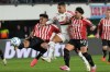 Samuel Lino of Brazil's Flamengo, center, Lucas Piovi of Argentina's Estudiantes de La Plata, left, and Eros Mancuso of Argentina's Estudiantes de La Plata battle for the ball during a Copa Libertadores first leg semifinal soccer match in La Plata, Argentina, Thursday, Oct.15, 2026. (AP Photo/Gustavo Garello)