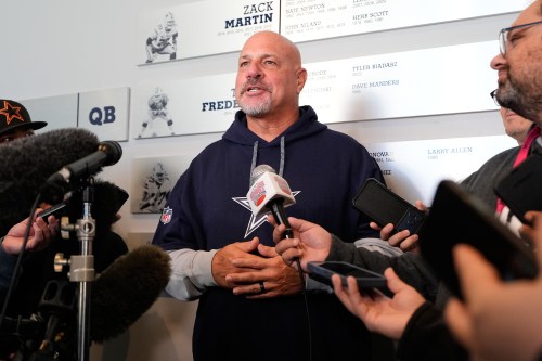 Mike Pettine, the Dallas Cowboys senior defensive assistant, responds to questions during a news conference after a practice at the NFL football team's headquarters, Friday, Oct. 16, 2026, in Frisco, Texas. (AP Photo/Tony Gutierrez)