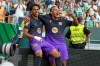 Barcelona's Lamine Yamal, left, celebrates with Barcelona's Jules Kounde after scoring his side's opening goal during the Spanish La Liga soccer match between Real Betis and Barcelona in Seville, Spain, Saturday, Oct. 17, 2026. (AP Photo/Jose Breton)