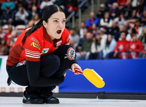 Team Canada skip Kerri Einarson reacts to her shot against Switzerland during the gold medal draw at the World Women’s Curling Championship in Calgary, Sunday, March 22, 2026.  THE CANADIAN PRESS/Jeff McIntosh